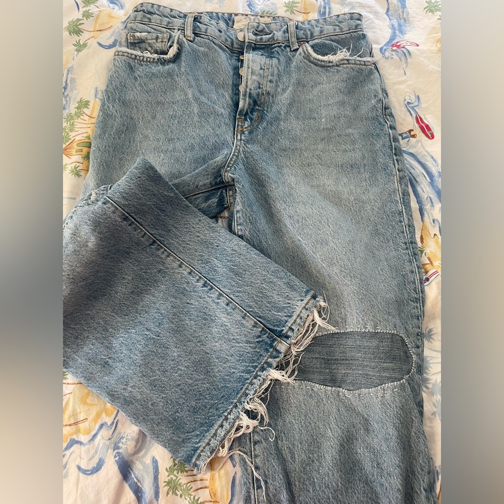 Free People We the Free Button Fly Cropped Patchwork Jeans Size 28 FREE SHIP